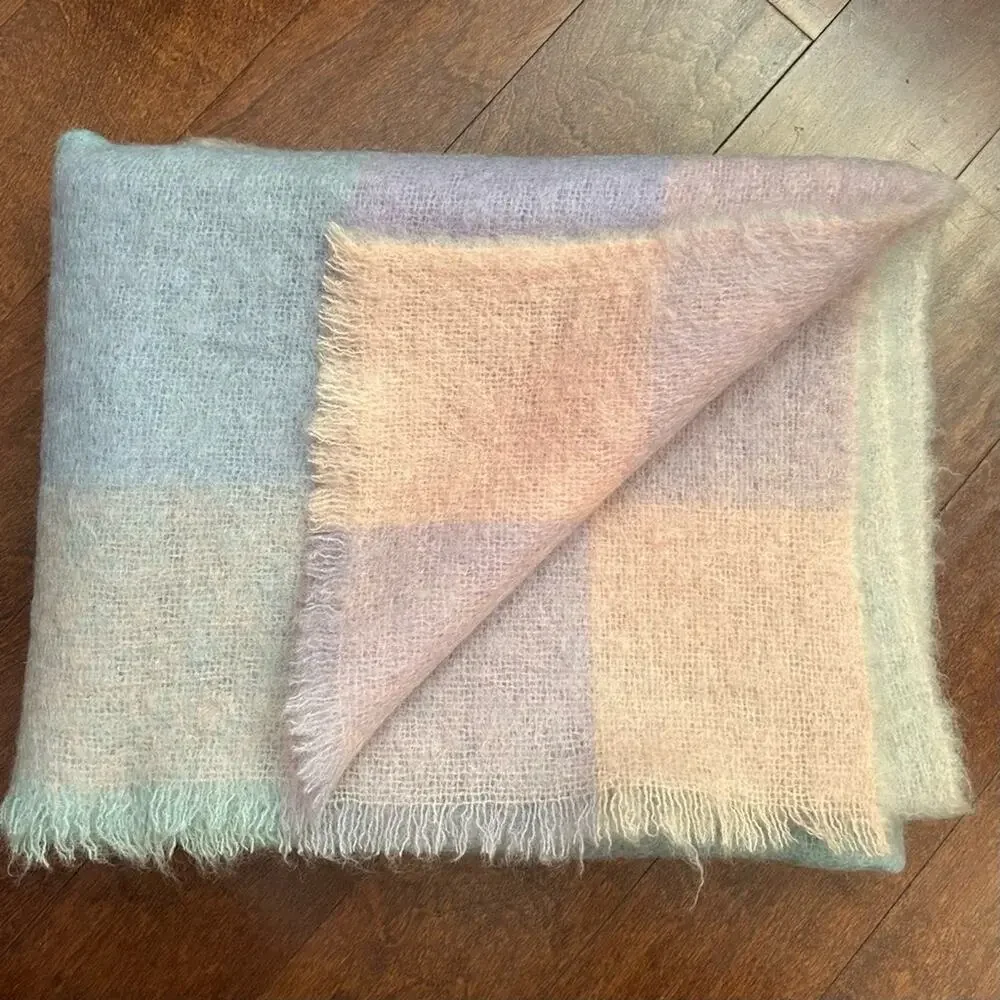 Donegal Design Mohair & Wool Blanket in a Dreamy Pastel Plaid, Made in Ireland